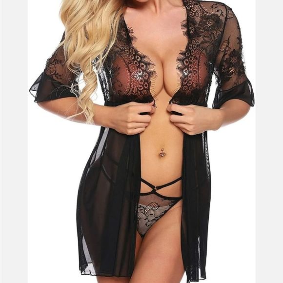 Women's Sexy Lingerie Babydoll Lace Chemise Sheer Mesh Open Front Sleepwear Set - Picture 4 of 7